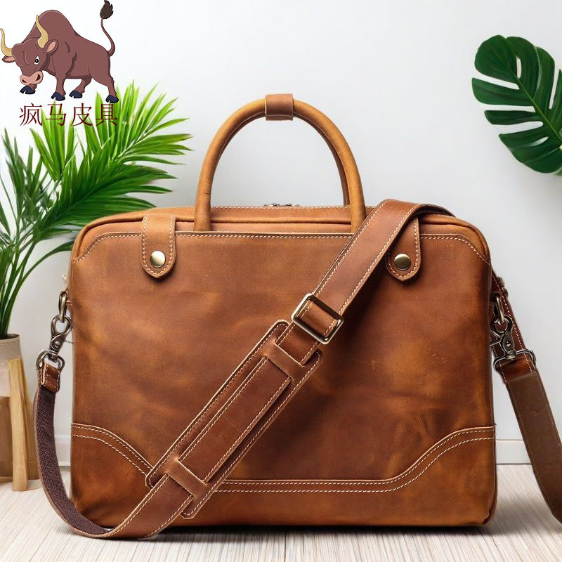 2025 Pasta Portátil Masculina Europeia Americana Bolsa de Negócios Couro Genuíno Moda Casual Trendy Crazy Horse Couro Re