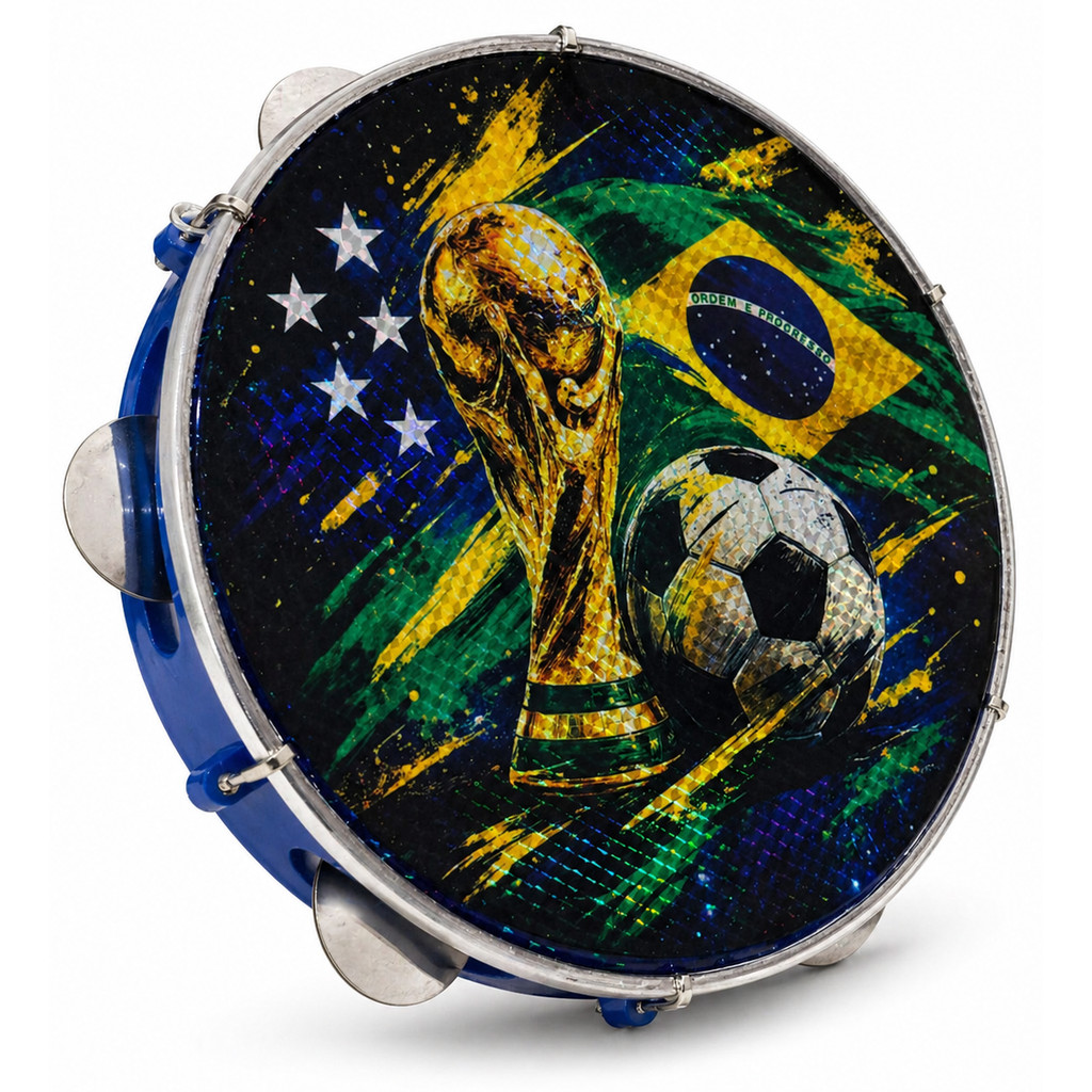 Pandeiro Profissional 10 ABS Pele Holográfica Tema Copa Brasil Futebol Azul