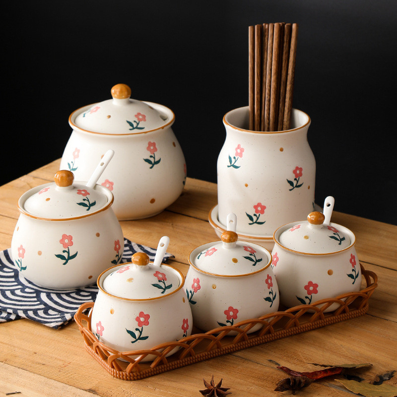 Conjunto de potes de cerâmica fosca estilo japonês com bandeja, furos, tampa, colher, pote de açúcar, pote de banha, sup
