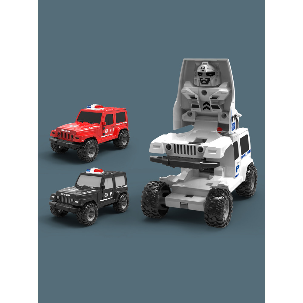 Simulação de impacto inercial deformação carro de polícia robô caminhão de bombeiros SWAT modelo de carro brinquedo infa