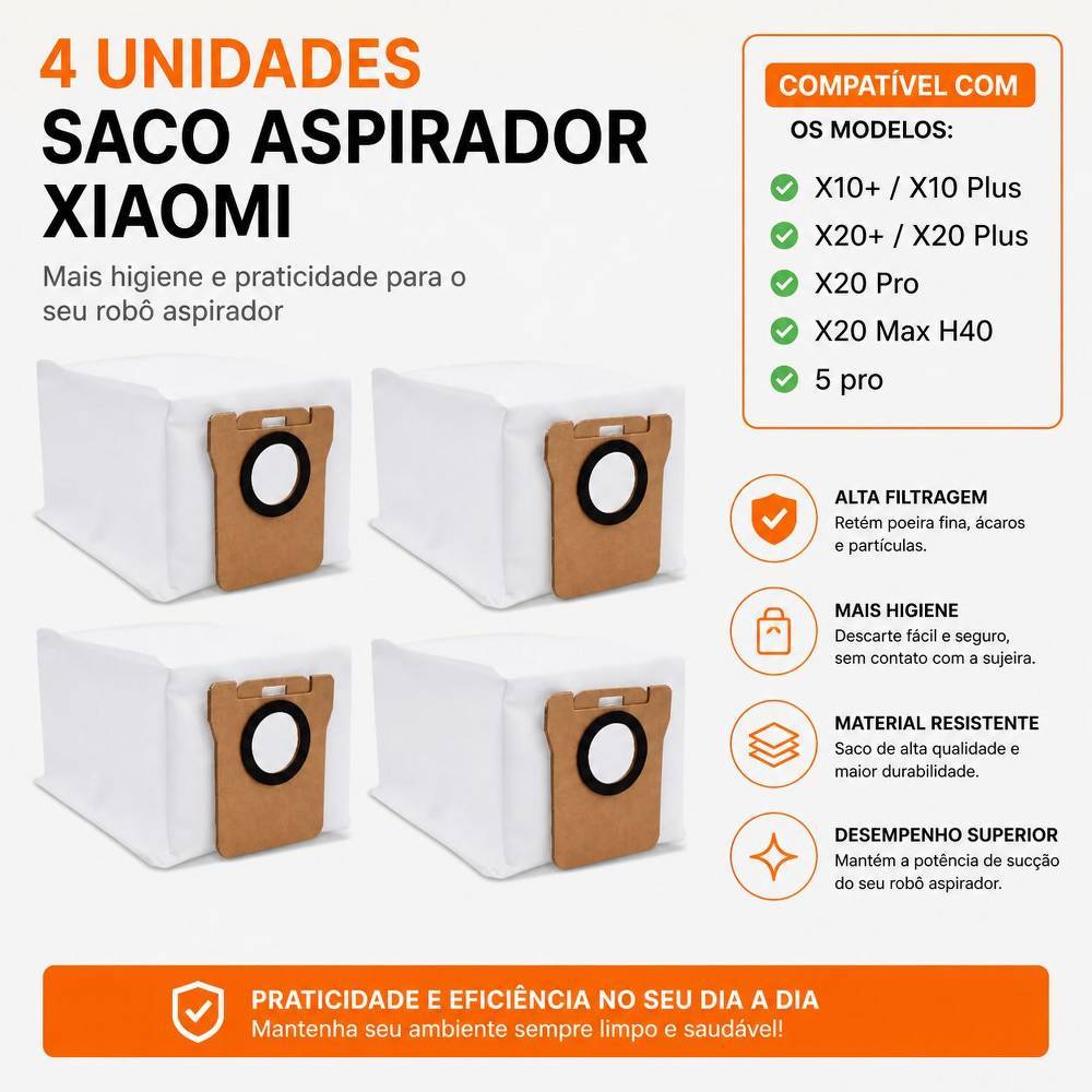 Kit 4 Saco Coletor Po Robo Aspirador X20+ X10+ S20 Plus H40