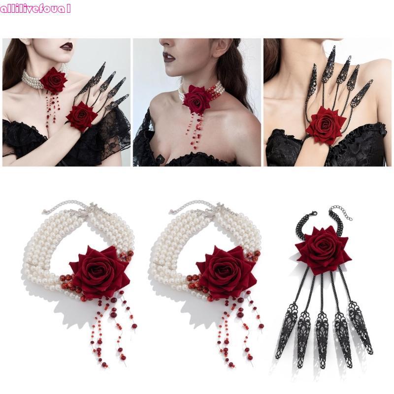 allilivefoua1 Elegante Pérolas Colar Rosa Pulseira Declaração Festa Jóias Acessório De Casamento Borlas Neckpiece