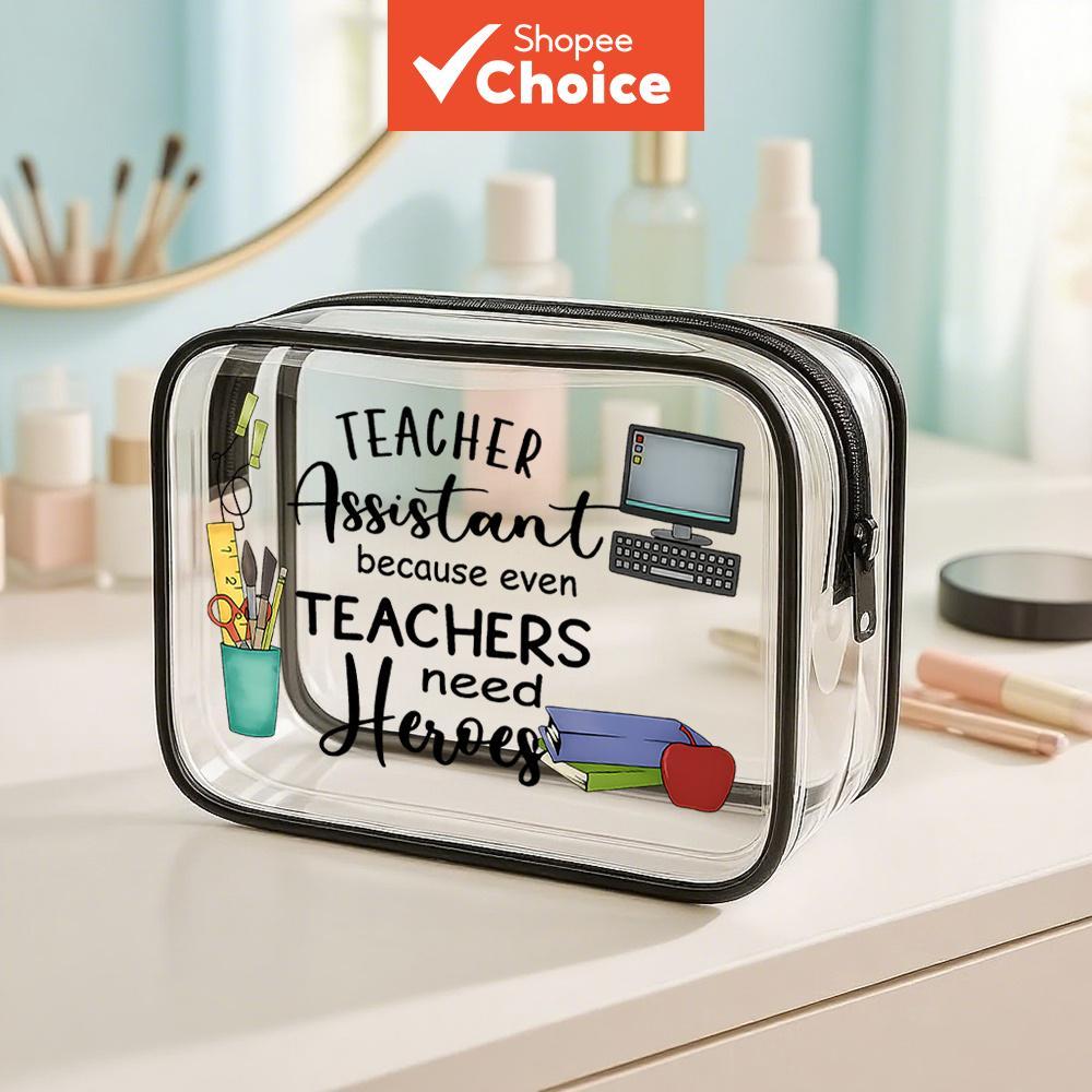 Bolsa de Cosméticos Fofa e Transparente para Professores - Estojo de Maquiagem Interno, Ideal para Escola e Viagem,