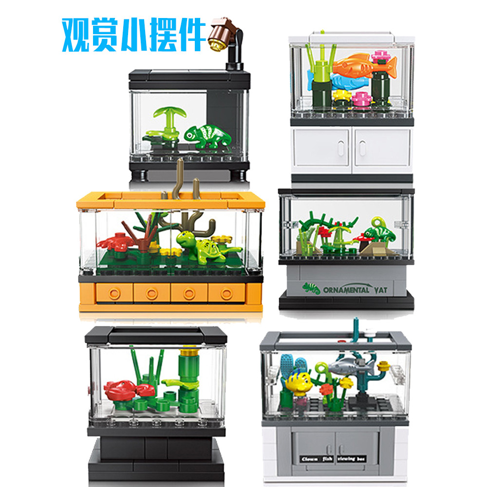 Criativo tanque de peixes blocos de construção MOC pequena cena modelagem decoração gabinete decoração Interior crianças