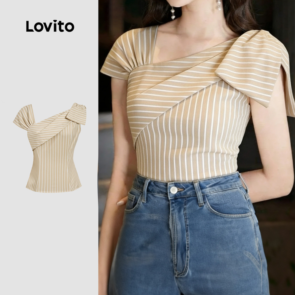 Lovito Blusa Casual Assimétrica com Pregas Primavera/verão Camisa Cáqui Feminina L189AD071