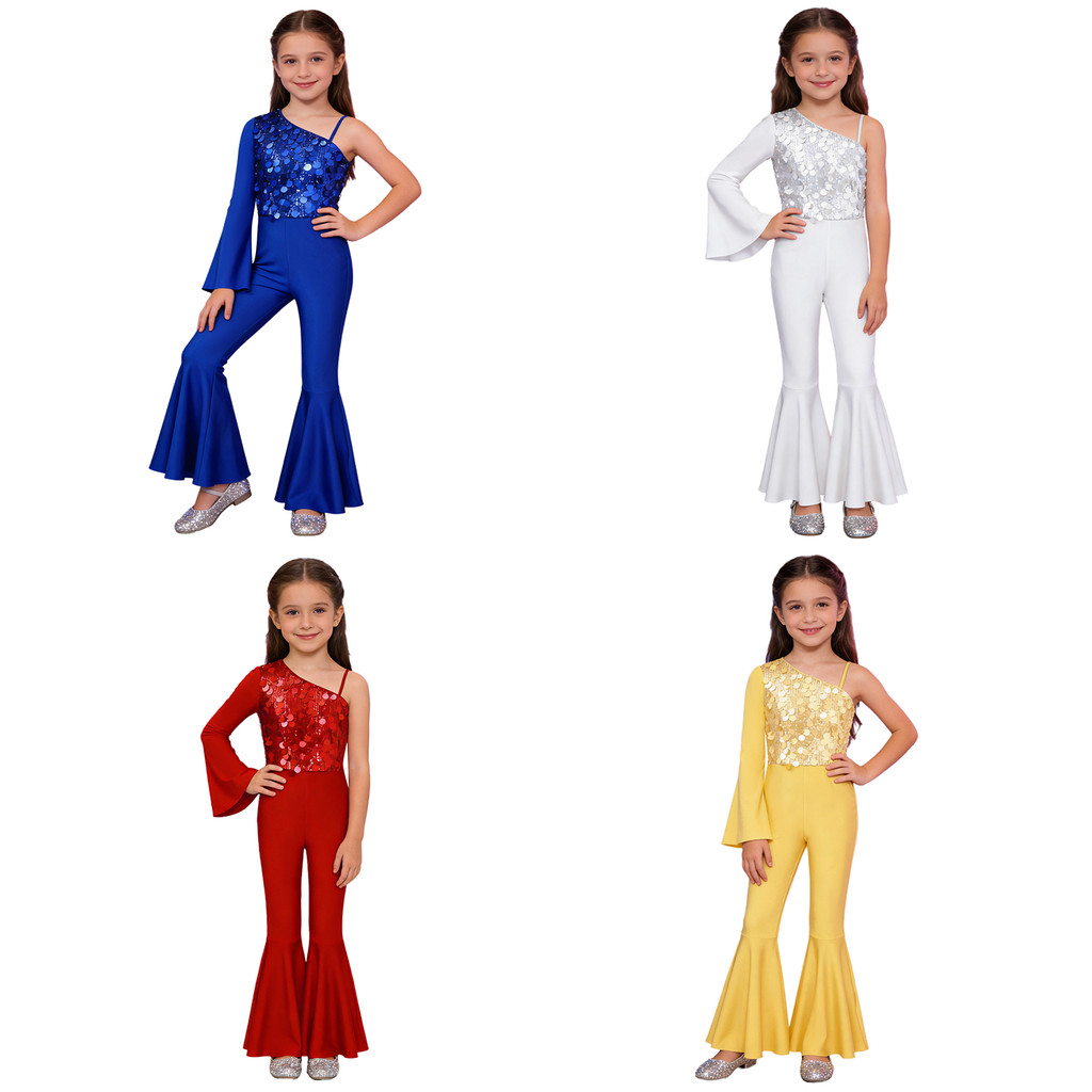 Imagem Yeahdor Macacão Infantil Feminino Com Lantejoulas E Retalhos , Manga Larga , Boca De Sino , Assimétrico , Para Concurso 
