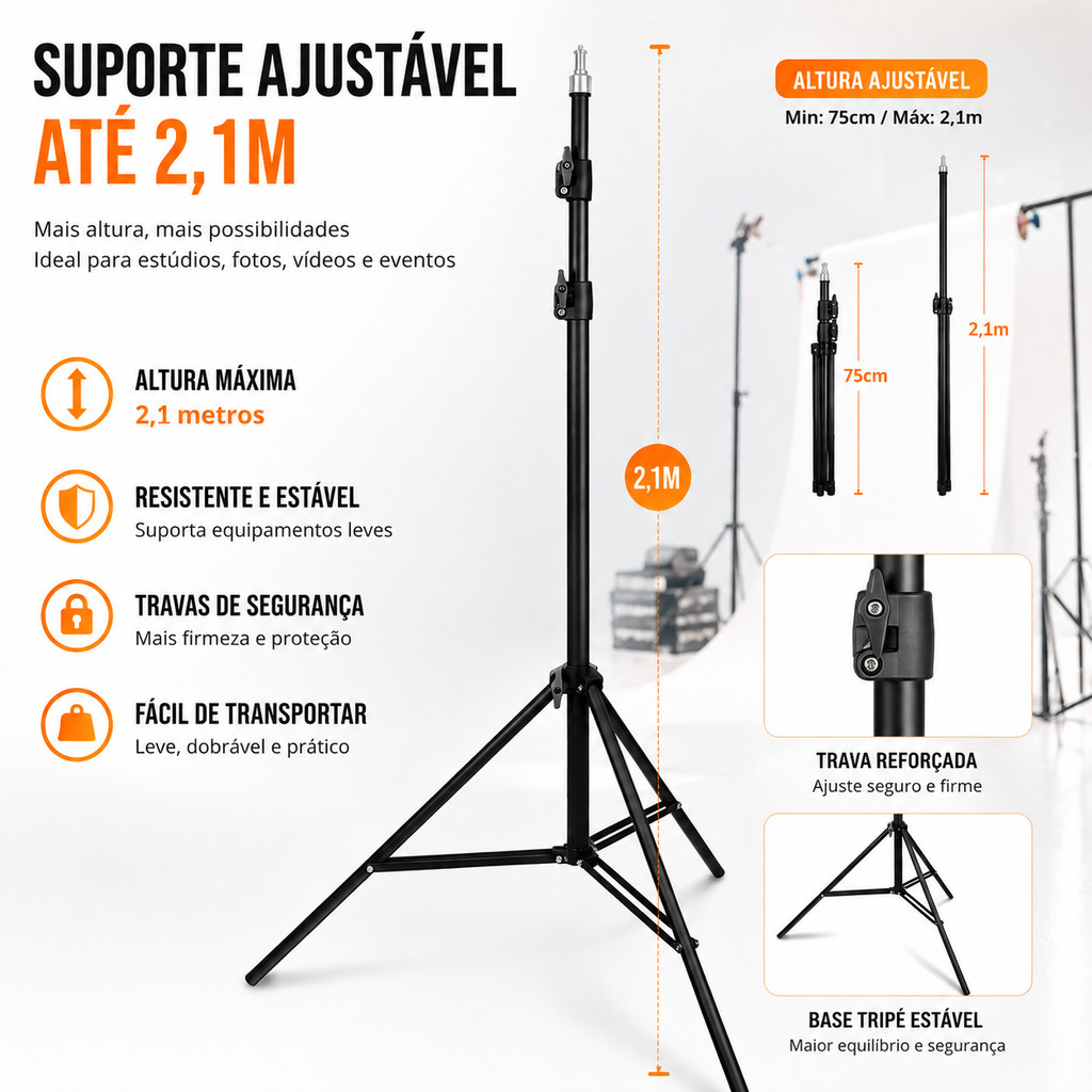 FUSHANG Suporte Tripé Ajustável 2,1m para Ring Light Softbox Live Maquiagem Fotografia Profissional