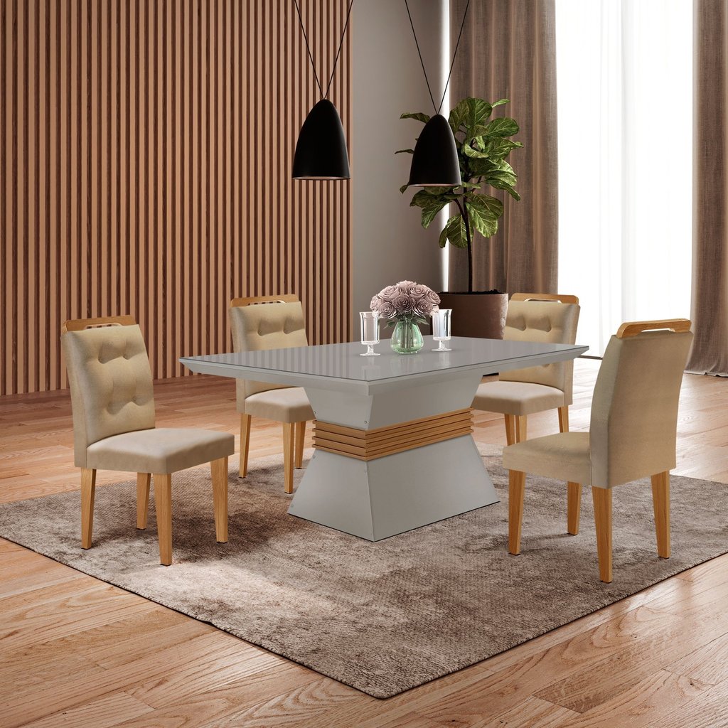 Mesa Clarice 120 Tampo Mdf Vidro/canto Reto 4 Cadeiras Valentina Turim/Off-White/Imbuia
