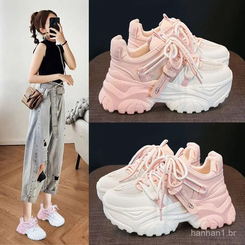Tênis Femininos Casuais de Primavera, Plataforma, Moda Feminina, Sola Grossa, 2024, Tênis Rosas com Aumento de Altura