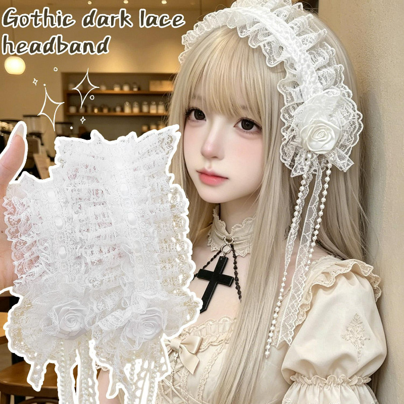 Tiara De Renda Rosa Lolita Branca-Acessórios De Cabelo-Dobrável Com Babados-Cosplay-Argola De Cabeça De Anjo-Cocar De Pé