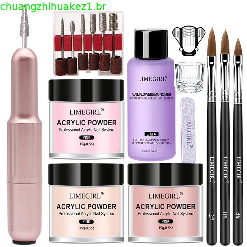 LIMEGIRL Kit De Pó Acrílico E Líquido Para Unhas , Sem Necessidade De Lâmpada UV , Conjunto De Extensão De Cristal Trans