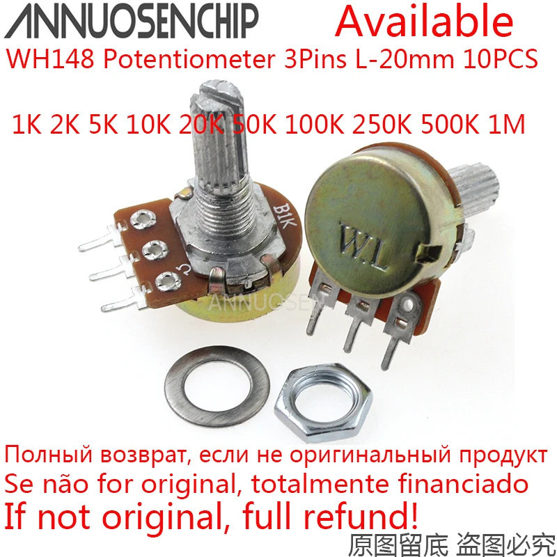 10 Pcs 20mm Eixo WH148 Potenciômetro Kit Junta Única B1K 1K 2K 5K 10K 20K 50K 100K 250K 500K 1M ohm 3Pin Com Porca E Was