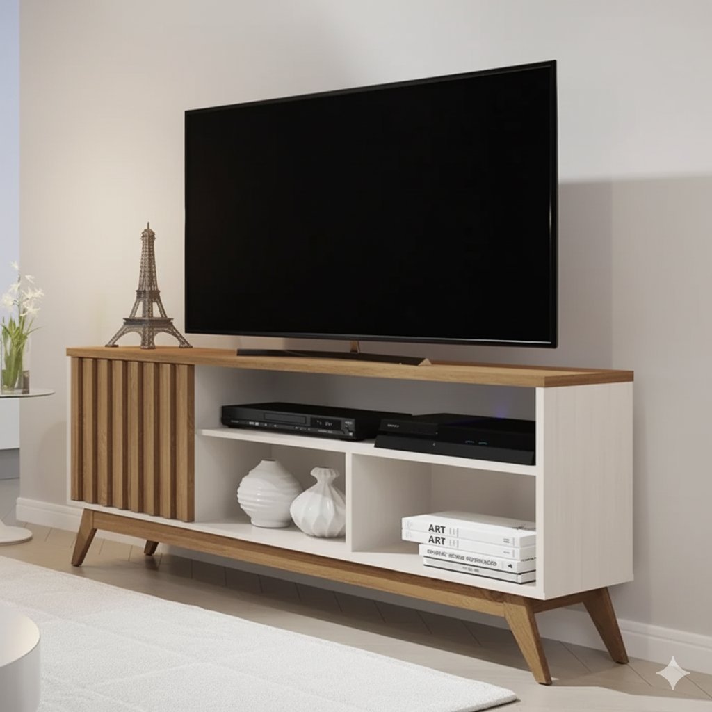 Rack Ripado Retrô para TV até 55 Polegadas 136cm Pés em Madeira Maciça Malbec Wood Bege Off White/Freijó Off