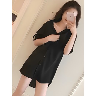 Novo estilo de comprimento médio tamanho grande camisa preta feminina primavera manga comprida versão coreana solta cint