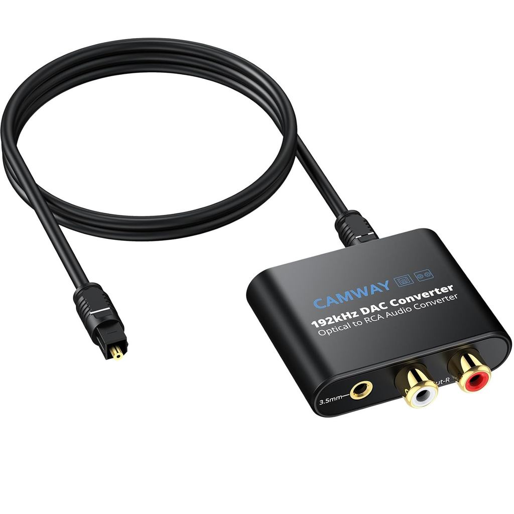 Conversor de Áudio Digital para Analógico CAMWAY, 192kHz Óptico para RCA, Óptico para DAC de 3,5mm, Adaptador de Áudio S
