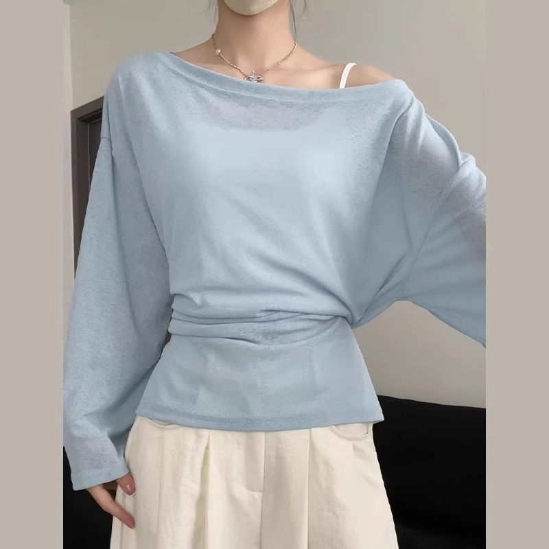 Azul atado preguiçoso blusa feminina primavera verão novo estilo solto camiseta estilo fino estilo coreano atmosfera lig