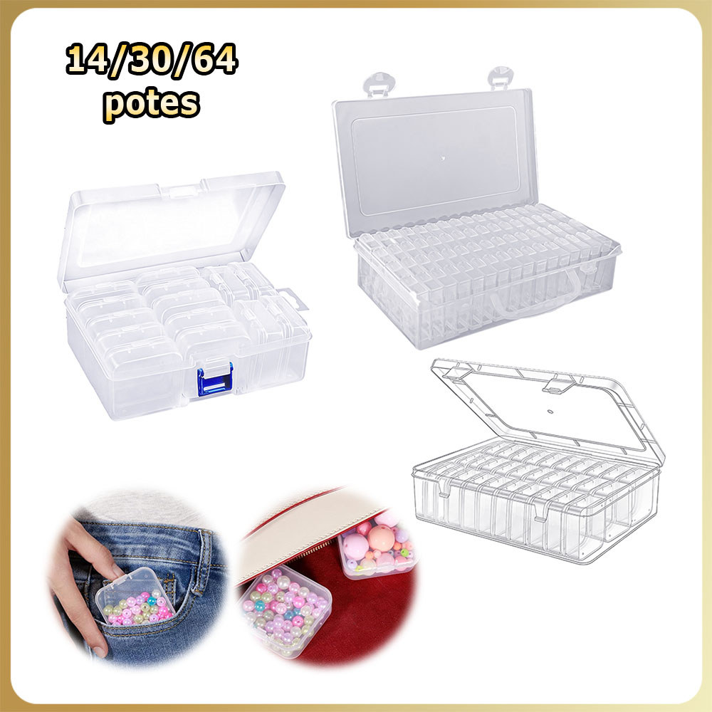 Caixa organizadora para pintura com diamantes com 64/30/14 potes quadrada para miçangas strass para unhas e strass