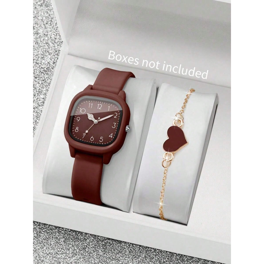 Kit Relógio Feminino + Pulseira Coração Vinho - 2 em 1