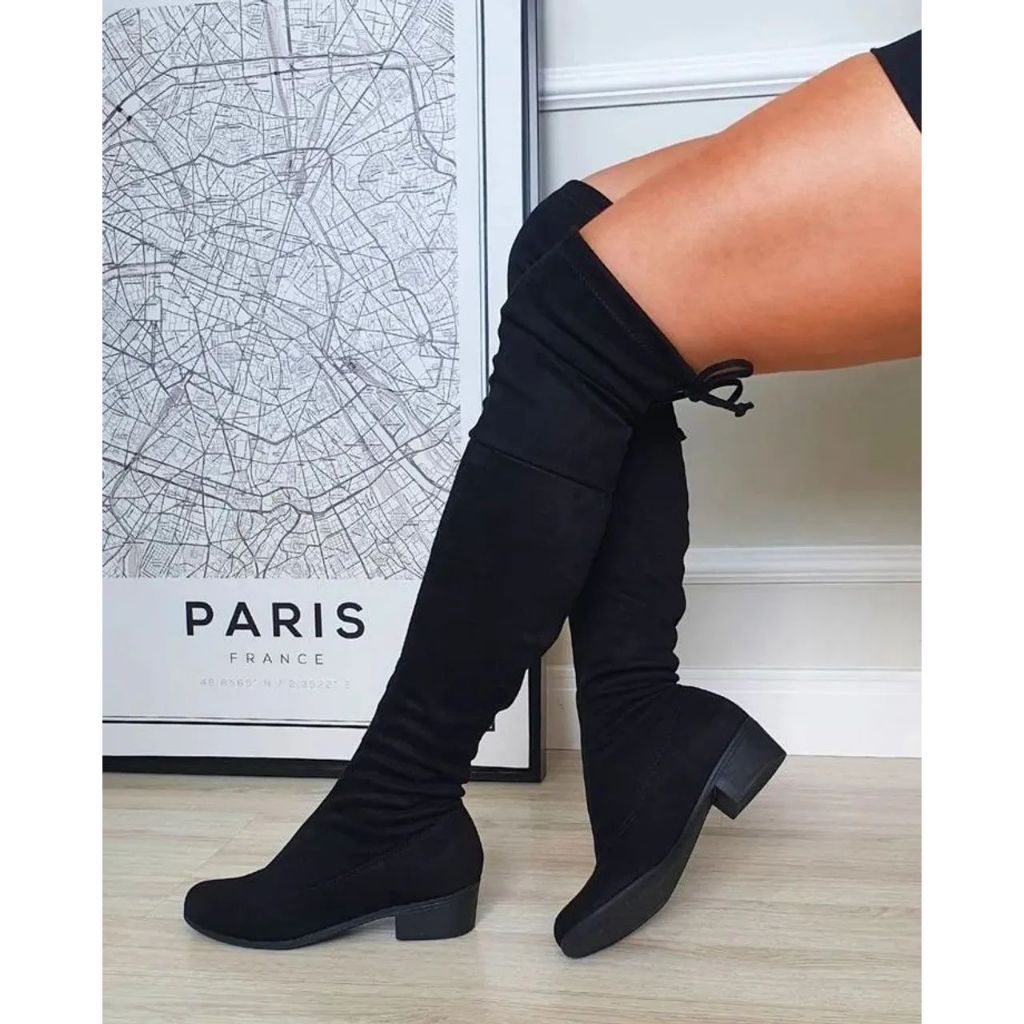 Bota Over Camurça The Knee Feminina Salto Baixo - Bota Feminina Cano Alto