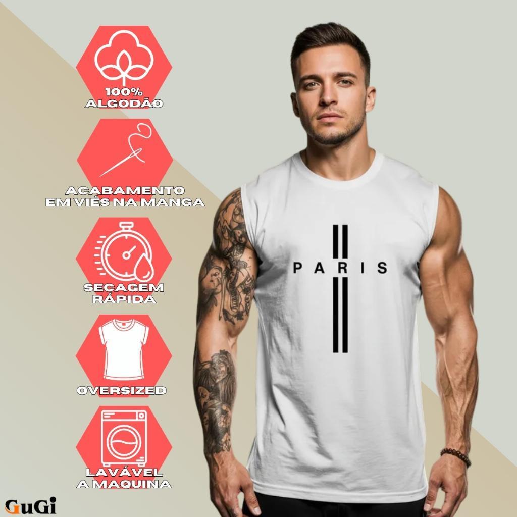 Regata Masculina Machão Muscle Estampa Paris Linhas GuGi 100% Algodão Camiseta Cavada Casual Premium