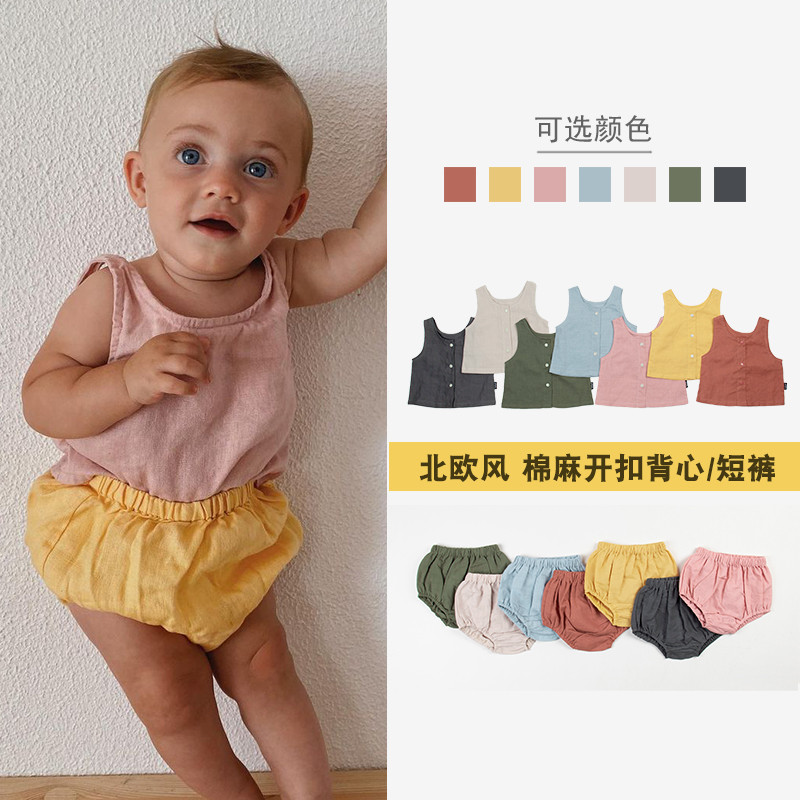 Ins estilo nórdico bebê algodão linho leve sem mangas camiseta masculina topo bebê Ramie feminino Cardigan colete calças