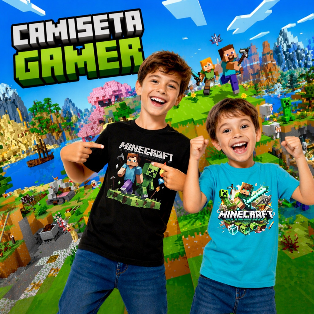 Camiseta Minecraft Menino Menina Bloco Creeper Jogo Unisex Manicraft Infantil Blusa