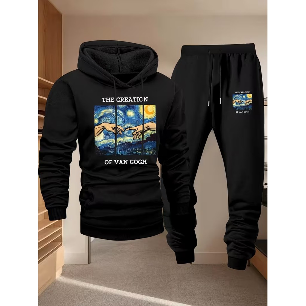 Conjunto Moletom Masculino Van gogh Blusa De Frio Canguru Bolso e Capuz + Calça Moletom Estampado Outono/Inverno