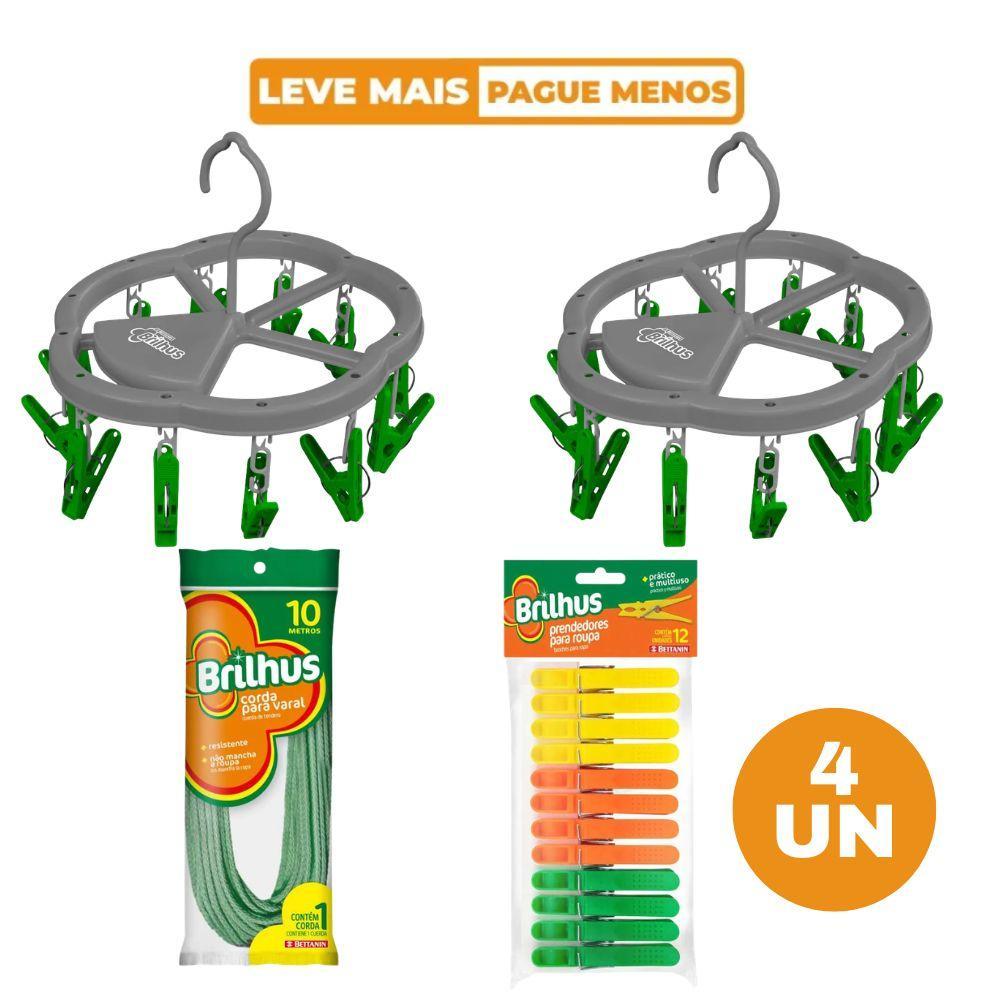 Kit 2 Mini Varal de Roupas, 1 Corda para Varal 10M e 12 Prendedores Plásticos Brilhus Bettanin