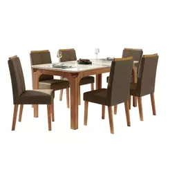 Conjunto Sala de Jantar Mesa Tampo em Vidro 1,60m Mel 6 Cadeiras Tati
