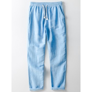 Primavera verão calças de linho masculinas cintura elástica estilo fino solto em linha reta respirável viagem cordão pra