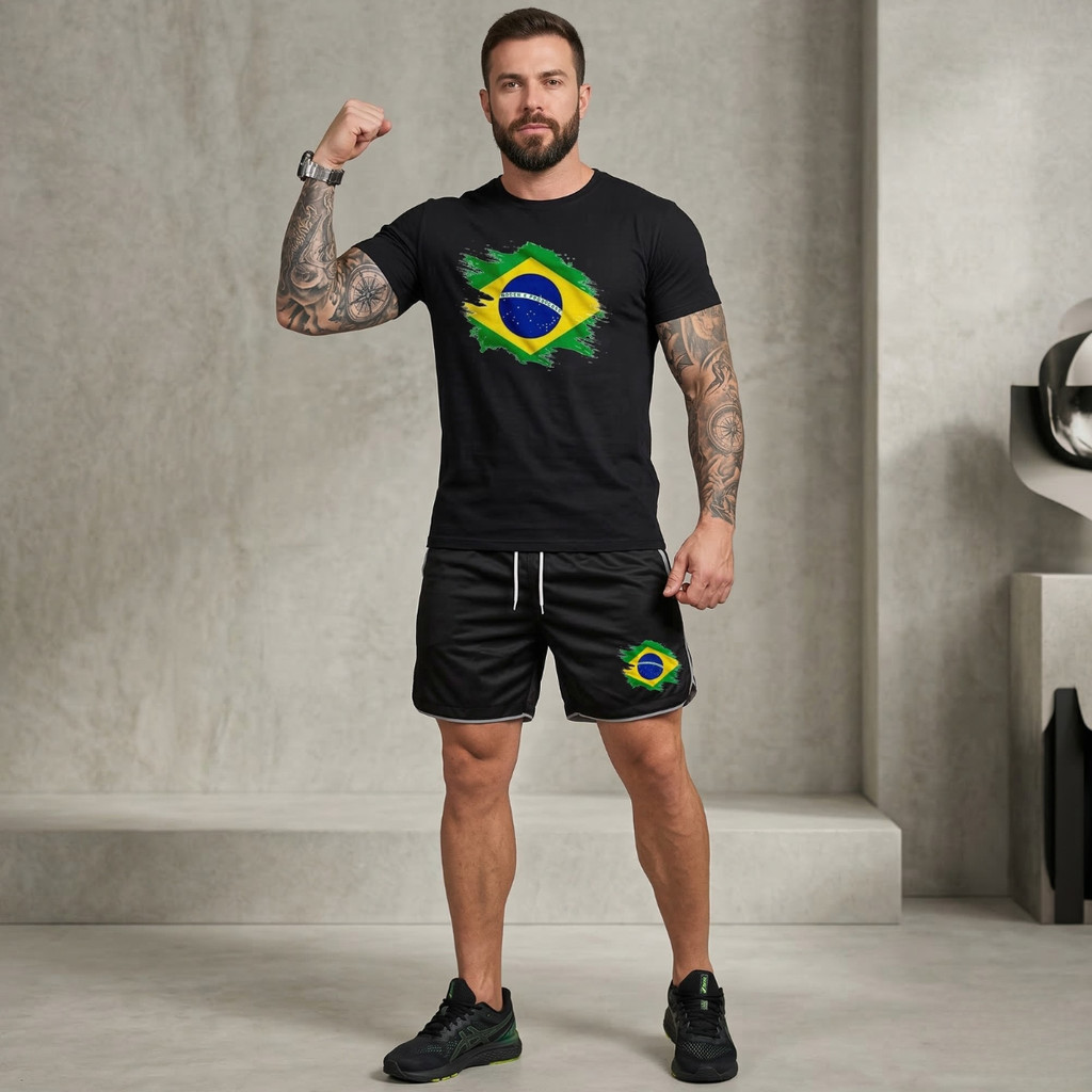 kit brasil Camiseta + Bermuda  Brasileiro Bandeira T-shirt Short Masculino Brazil Blusa Seleção
