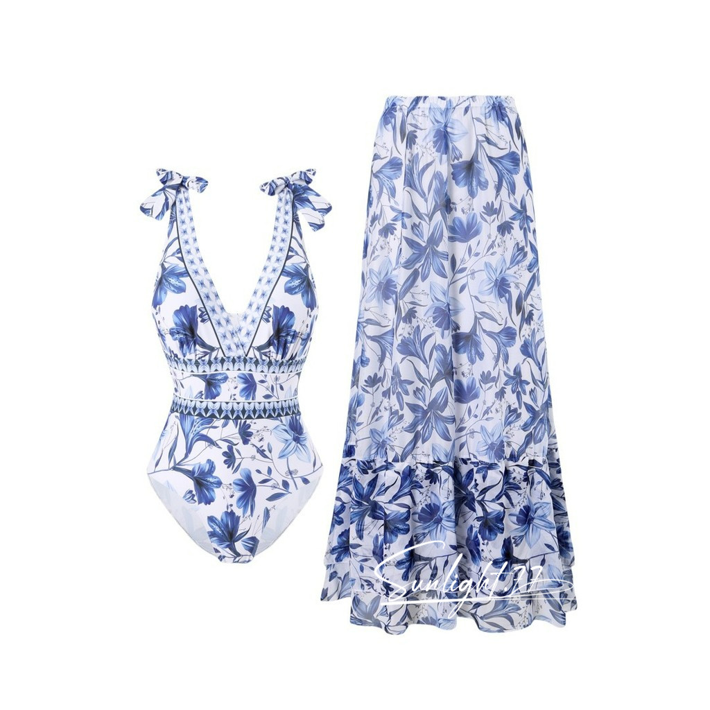 Conjunto de Biquíni Sexy Feminino Maiô de Uma Peça Saia de Chiffon Decote em V Praia Moda Praia Conservadora