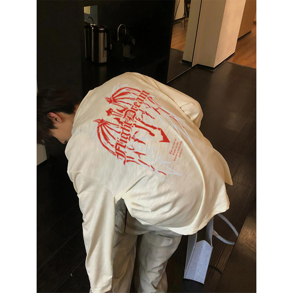 Branco pesado americano rua diabo asas camiseta masculina primavera outono manga comprida jogo interno puro algodão pequ
