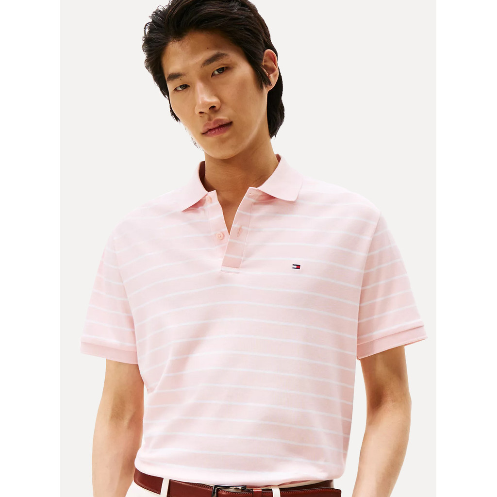 Polo Tommy Hilfiger Masculina Malha Liquid Cotton Striped Rosa Claro