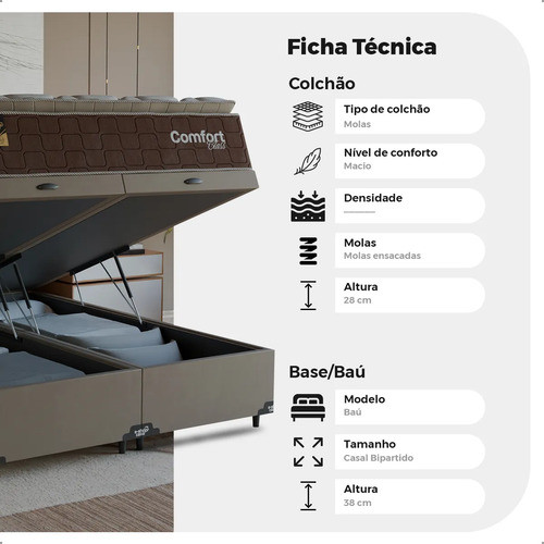 Cama Box Baú Casal Bipartido Colchão Comfort Class Pillow top Marrom/suede Bege — imagem 2 de 2