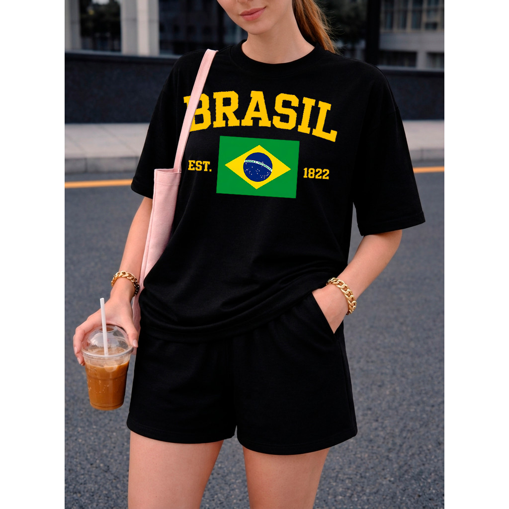 Conjunto Feminino Camiseta Boxy Brasil Bandeira  Copa Do Mundo