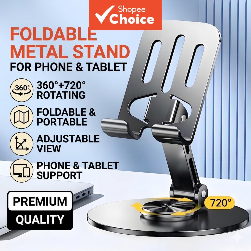 Suporte dobrável ajustável de metal de mesa 4 peças, suporte giratório 360° para telefone e tablet