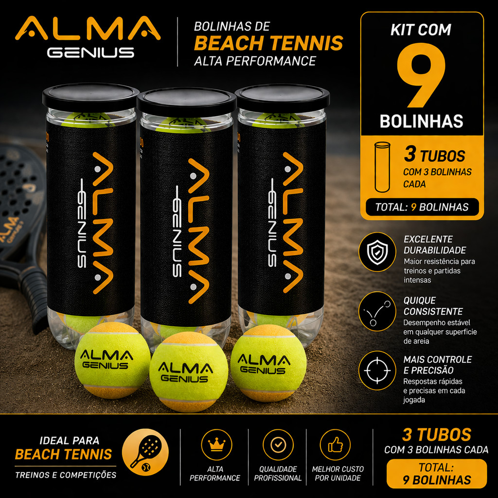 Kit Com 9 Bolas Beach Tennis Stage 2 Pro Alma Genius