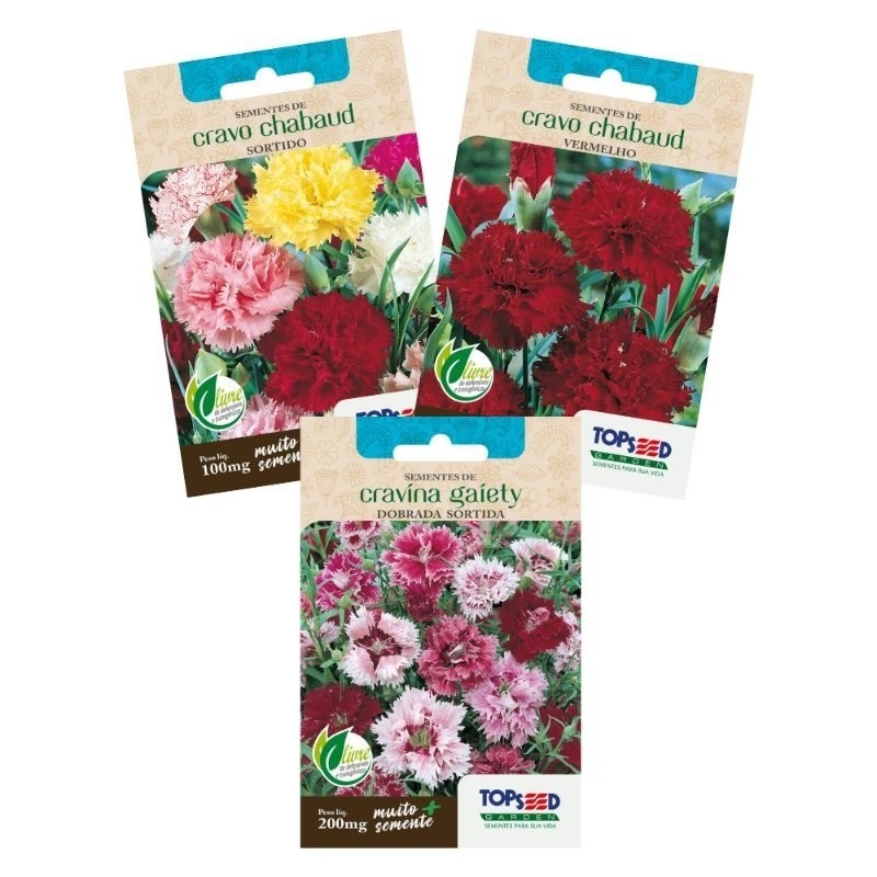 Kit 3X Sementes de Cravo Chabaud Sortido e Vermelho e Cravina Dobrada Sortida – TopSeed