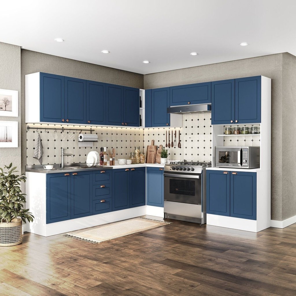 Cozinha Completa Modulada 9 Peças com Rodapé Pérola Yescasa Branco/Azul