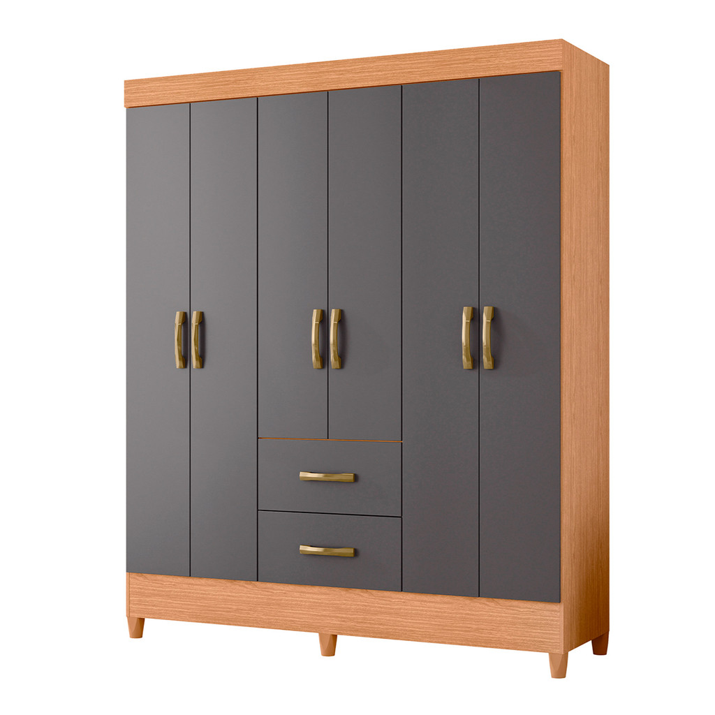 Guarda Roupa para Quarto 6 Portas 2 Gavetas Moderno Cabideiro Mobi Freijo com Titanium - Albatroz