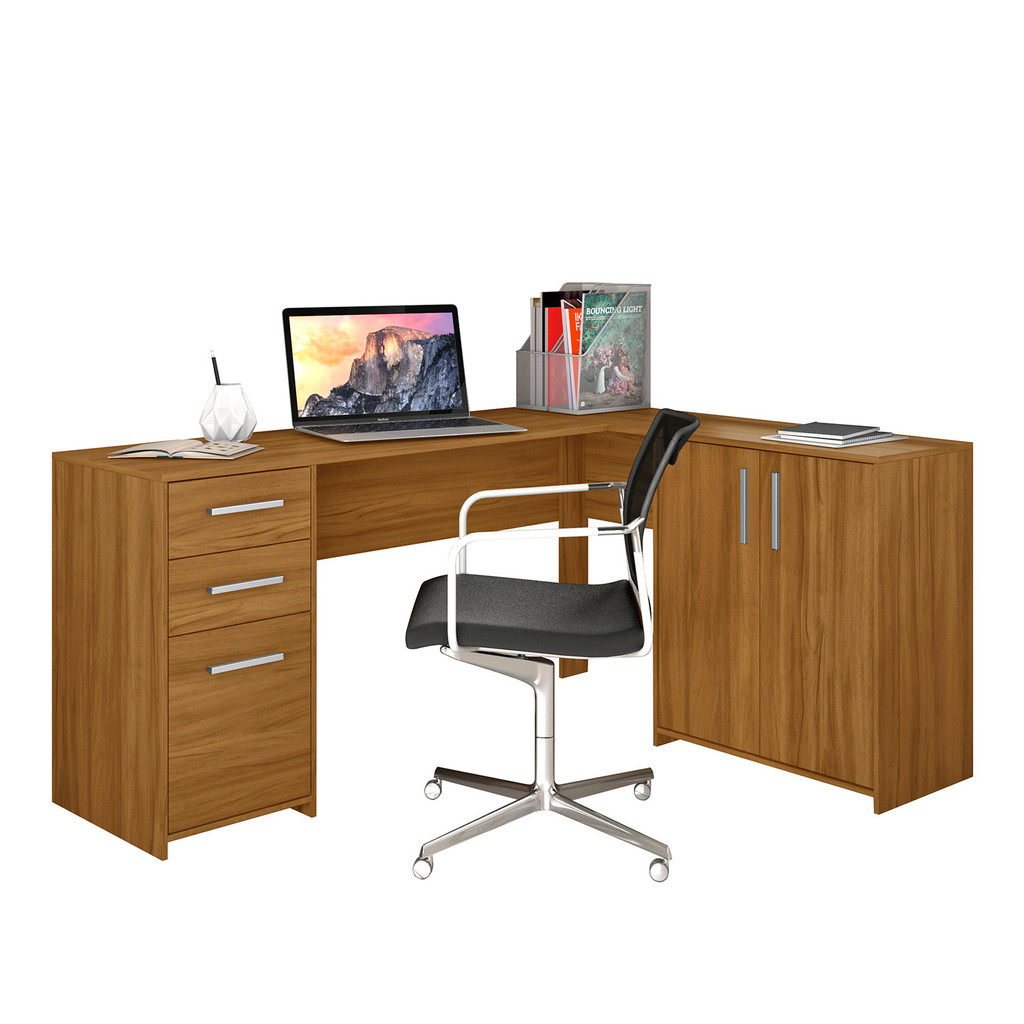 Mesa Escrivaninha 2005 em L para Escritório Quarto Computador 3 Portas e 2 Gavetas Freijo - Notável