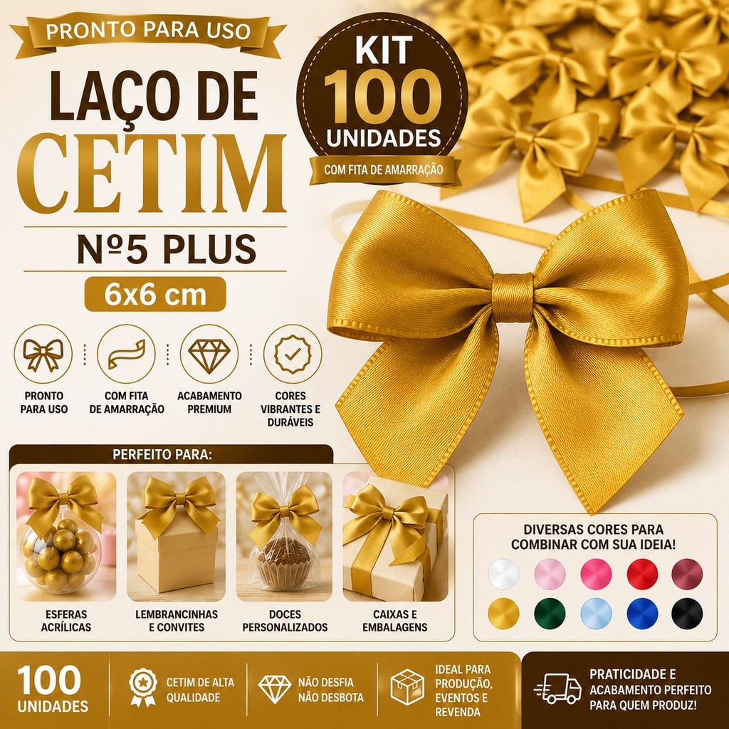 Kit100 Laços de Cetim 5x5cm Com Fita Para Esfera Acrílicas Lembrancinhas Natal Caixas Personalizados