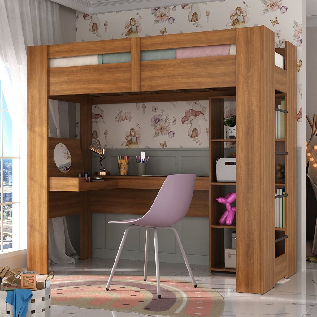Cama Juvenil Montreal com Escrivaninha Multifuncional Yescasa Marrom/Nogal Nogal