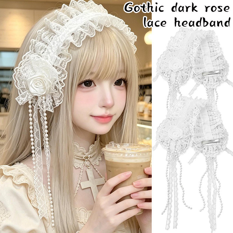 Tiara De Renda Rosa Lolita Branca-Chapéu Gótico De Anjo Escuro-Argola De Cabeça De Cabelo-Acessórios-Cocar De Pérola-Dob