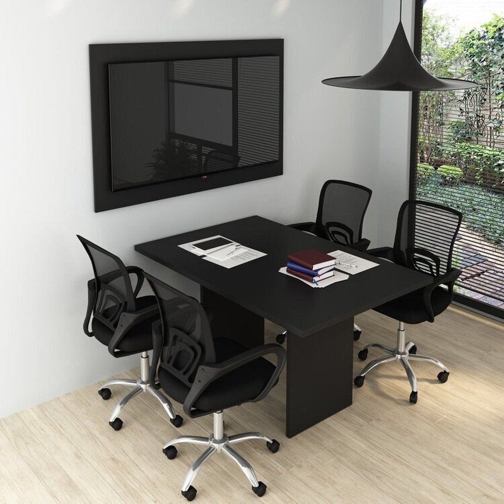 Kit com Mesa para Reunião 4 Lugares e Painel para Tv até 55 Polegadas Preto