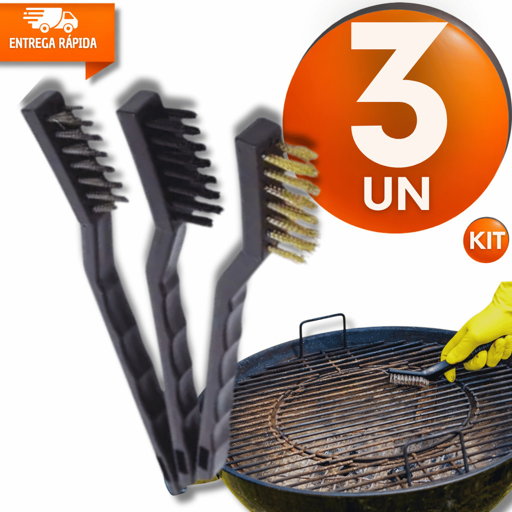 Conjunto Escova 3 em 1 Para Limpeza Pesada Fogão Churrasqueira Multiuso Aço Nylon Latão Utilidades
