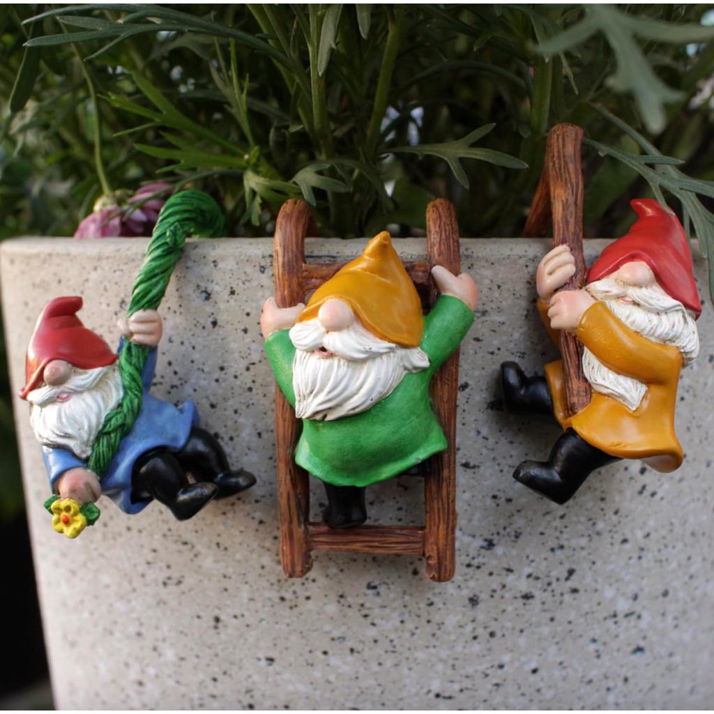 Conjunto de 3 Gnomos para Decoração Interna e Externa, Estatuetas em Miniatura para Vasos de Flores, Ornamento para Jard