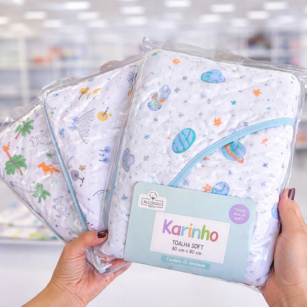 Kit 3 Toalhas de Banho Soft com Capuz para Bebê 100% Algodão 80x80cm Alta Absorção Macias Infantil
