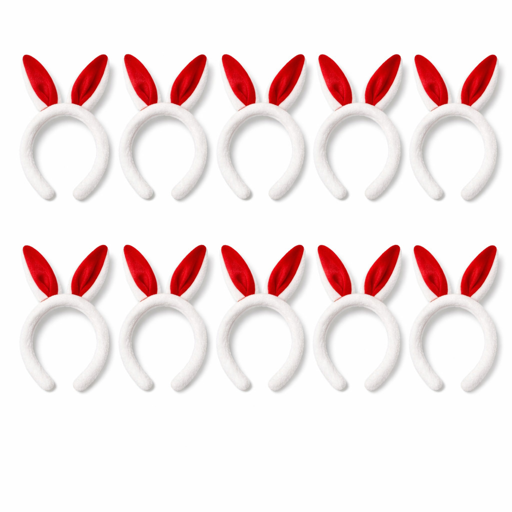 Kit 10 Tiaras de Coelho Páscoa Orelhas Felpudas Branco com Vermelho Fantasia Festa
